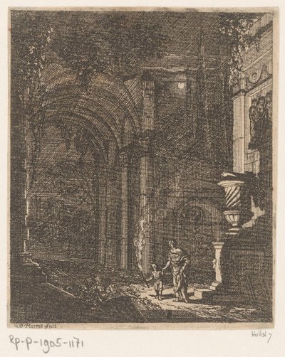 Zwei Figuren beleuchten antike Ruinen mit einer Fackel von Johann Oswald Harms