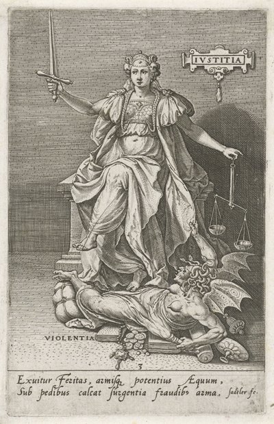 Gerechtigkeit (Justitia) überwindet Gewalt (Violentia) Die Tugenden überwinden die Laster (Serientitel) von Johann Sadeler (I)