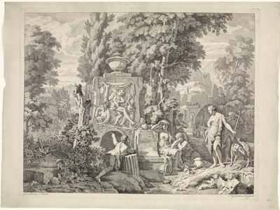 Landschaft mit einem Brunnen und Diana und ihren Nymphen von Johannes Glauber
