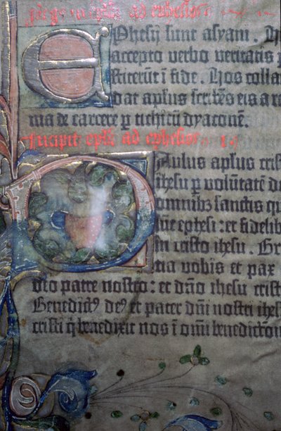 Detail aus der Gutenberg-Bibel des 15. Jahrhunderts, Eröffnung des Epheserbriefs von Johannes Gutenburg