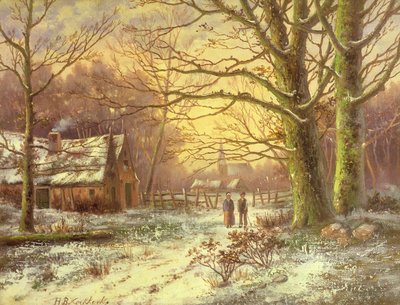 Figuren auf einem Weg vor einem Dorf im Winter von Johannes Hermann Barend Koekkoek