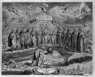 Die berühmten Astronomen. Unter ihnen, von links nach rechts: Walterus (?), Tycho Brahe (Tyge Ottesen Brahe), bekannt als der edle Däne oder der Mann mit der goldenen Nase (1546-1601), Ulugh Beg (Oulough Beg, Oulugbek) (1394-1449), Timocharis von Alexandri von Johannes Hevelius