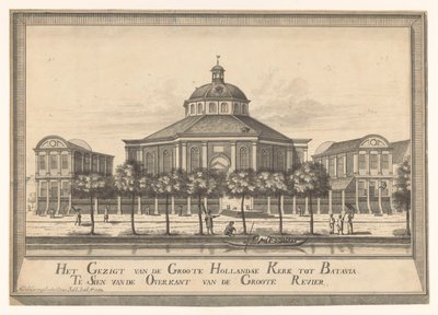 Ansicht der Neuen Holländischen Kirche von Batavia (Das Gesicht der Großen Holländischen Kirche in Batavia von der anderen Seite des Großen Flusses) von Johannes Rach