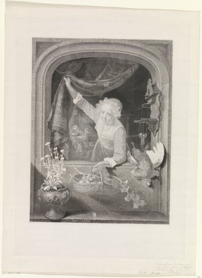 Frau mit Korb mit Früchten in der Hand am Fenster von Johannes de Mare