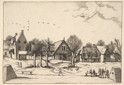 Dorf auf dem Land, Bogenschützen im Vordergrund aus Multifariarum casularum ruriumque linea, 1559-61 von Johannes van Doetecum I