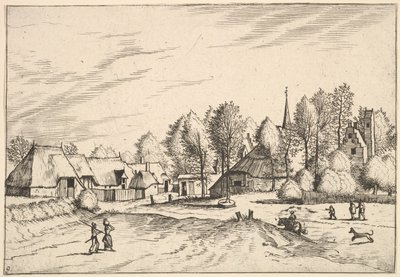 Dorf mit Kirchturm aus Multifariarum casularum ruriumque lineamenta cur..., 1559-61 von Johannes van Doetecum I