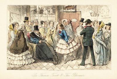 Alter Herr mit Gicht in einem Invalidenstuhl spricht mit einer jungen Frau in Bloomers von John (after) Leech