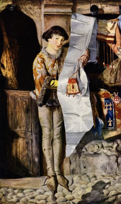 Junge vor einem Tuchladen im Mittelalter, der seine Waren anpreist (Foto) von John (after) Pettie