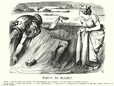 Karikatur: Wer ist schuld? - Aufrufe zum Handeln, um Überschwemmungen der Themse in London zu verhindern (Gravur) von John (after) Tenniel