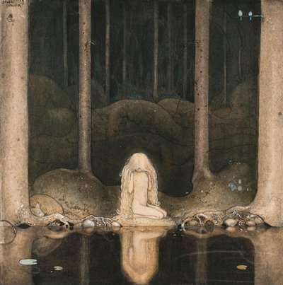 Prinzessin Tuvstarr blickt nostalgisch auf das Wasser des Sees von John Bauer