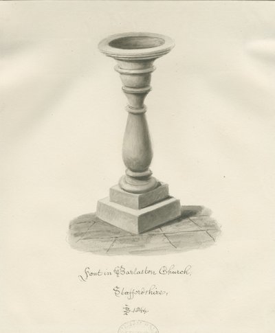 Taufbecken in der Barlaston Kirche: Sepiawaschzeichnung, 1844 von John Buckler