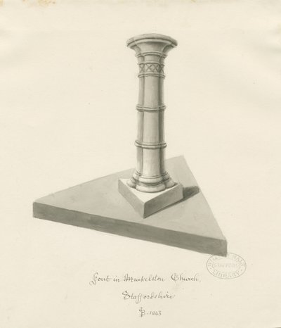 Taufbecken in der Mucklestone Church: Sepiawaschzeichnung, 1843 von John Buckler