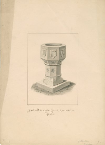 Lancashire - Waddington Kirche - Taufbecken: Sepiazeichnung, 1808 von John Buckler