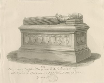 Maer Church - Denkmal für Sir John Bowyer und Lady Catherine: Sepiawaschzeichnung, 1843 von John Buckler