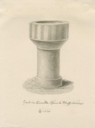 Taufbecken in der Enville Kirche: Sepiazeichnung, 1820 von John Chessell Buckler