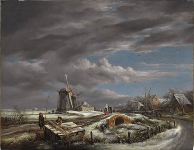 Winterlandschaft mit Figuren auf einem Pfad, eine Fußbrücke und Windmühlen dahinter von John Constable