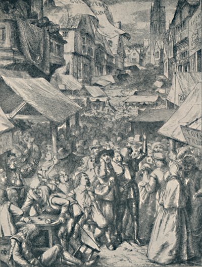 Eitelkeitsmesse. Aus Pilgerreise von John Bunyan, ca. 1850-1890 von John Dawson Watson