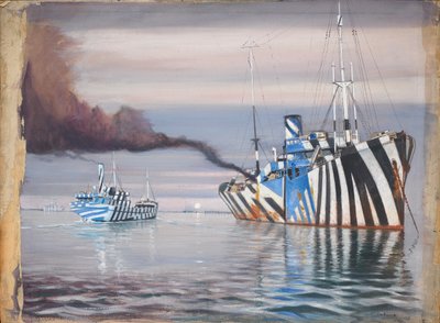 S.S. Lepanto und ein weiteres Dampfschiff, beide in Tarnanstrich, verankert in ruhigem Wasser von John Everett