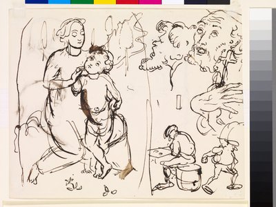 Blatt mit Studien, die den post-raffaelitischen Stil karikieren, 1853 von John Everett Millais