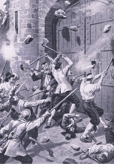 Die Plünderung von Dundee am 1. September 1651: Englische Seeleute greifen das Wellgate-Tor an, Illustration aus 