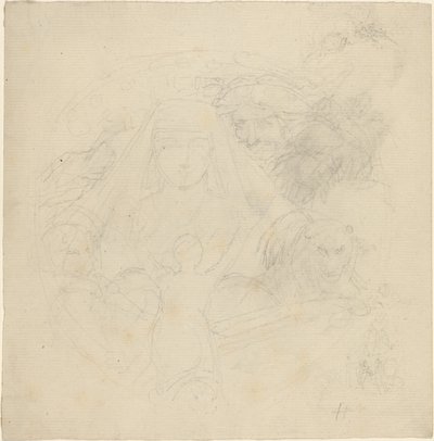 Von hinten gesehene Figur, die zu einer Erscheinung eines Kopfes mit Löwen darunter betet von John Flaxman