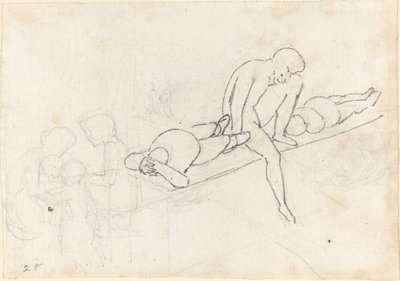 Sitzender Mann flankiert von zwei liegenden Figuren; Gruppe von Figuren in der unteren linken Ecke von John Flaxman