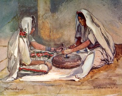 Zwei Frauen mahlen an einer Handmühle, 1902 von John Fulleylove