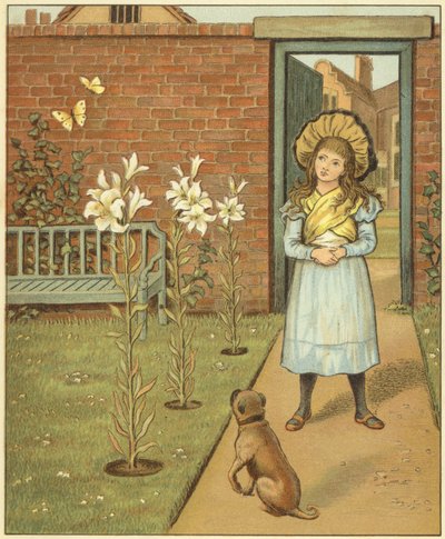 Mädchen in einem ummauerten Garten, neben Lilien und ihrem Hund von John George (after) Sowerby