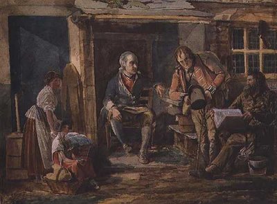 Gruppe einschließlich eines Soldaten vor einer Hüttentür von John Harden