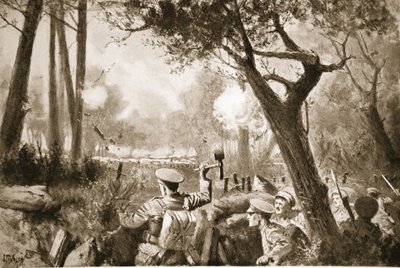 Acting-Lance-Corporal Barker hilft einer Gruppe, die er gesammelt hat, einen Verbindungsschützengraben unter schwerem Granat- und Maschinengewehrfeuer zu öffnen von John Harris Valda