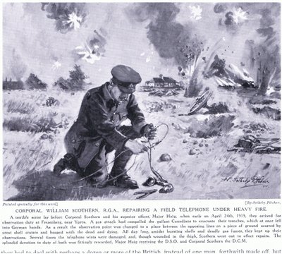 Korporal William Scothern RGA repariert ein Feldtelefon unter schwerem Beschuss, ausgezeichnet mit DCM Ypern Mai 1915 von John Harris Valda