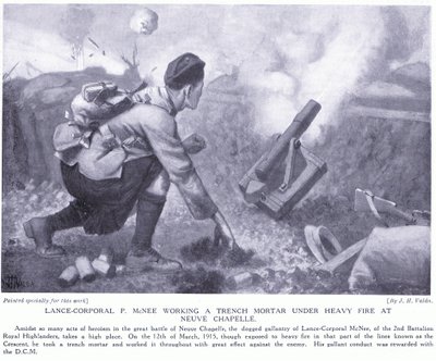 Lance Corporal P McNee bedient einen Grabenmörser unter schwerem Beschuss in Neuve Chapelle von John Harris Valda