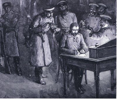 Prinz Alexander unterzeichnet seine Abdankung 1886, Illustration aus Hutchinsons Geschichte der Nationen, Band 4, ca. 1920er Jahre von John Harris Valda