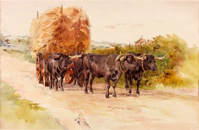 Landschaft mit Ochsen, die einen Heuwagen ziehen von John Isaac Richardson