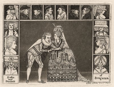 Mary Ann Yates und Laurence Clinch als Herzog und Herzogin von Braganza, umgeben von Mitgliedern des Publikums, 1785 von John Kay