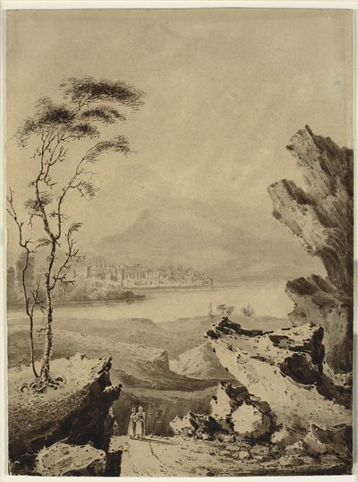 Italienische Landschaft mit See, Stadt und Bergen im Hintergrund von John Martin