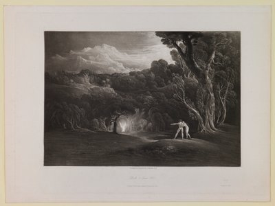 Das Paradies - mit der Annäherung des Erzengels Raphael (Buch 5, Zeile 308), aus „Das verlorene Paradies“ von John Martin