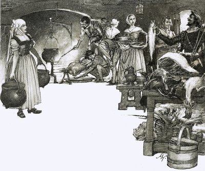 Kochen über offenem Feuer in einer elisabethanischen Küche von John Millar Watt