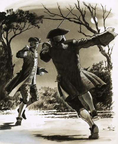 Unbekannte Männer fechten im Mondlicht von John Millar Watt