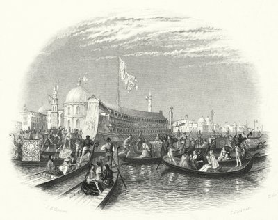 Die Hochzeit des Meeres. Die Barke des Dogen und Gondeln auf dem Wasser in Venedig (Stich) von John Rogers (after) Herbert