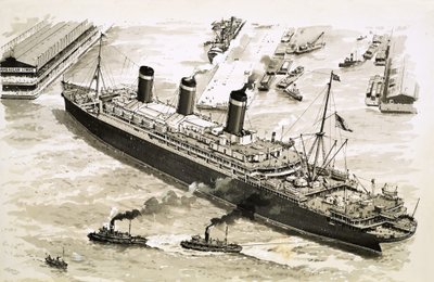 Der Dampfer Leviathan wird von Schleppern zu einem Pier im Hafen von New York gelotst von John S. Smith