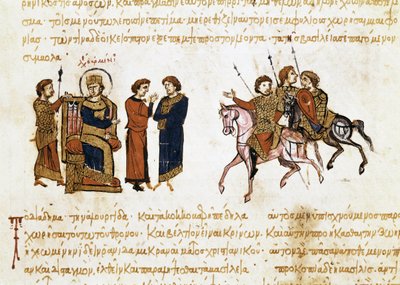 Die Krönung des byzantinischen Kaisers Leon V. dem Armenier (775-820), Miniatur aus „Synopsis historiarum“, ca. 1126-1150 von John Scylitzes
