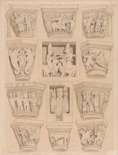 Kapitäle und A & B Basreliefs in der Abteikirche von Saint Georges de Bocherville, in der Nähe von Rouen, Normandie von John Sell Cotman