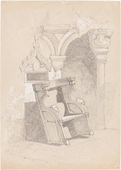 Skizze des Inneren einer zerstörten Kirche mit Stuhl von John Sell Cotman