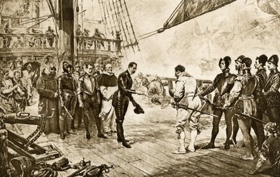 Der Admiral der spanischen Armada übergibt sein Schwert an Francis Drake von John Seymour (after) Lucas