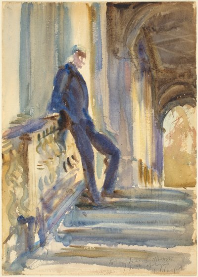 Sir Neville Wilkinson auf den Stufen der Palladian Bridge im Wilton House von John Singer Sargent