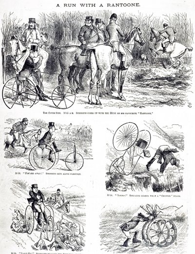 Eine Karikatur, die einen Mann zeigt, der auf einem Dreirad jagt. Illustriert von John Tenniel (1820-1914), ein englischer Illustrator, Grafikhumorist und politischer Karikaturist von John Tenniel