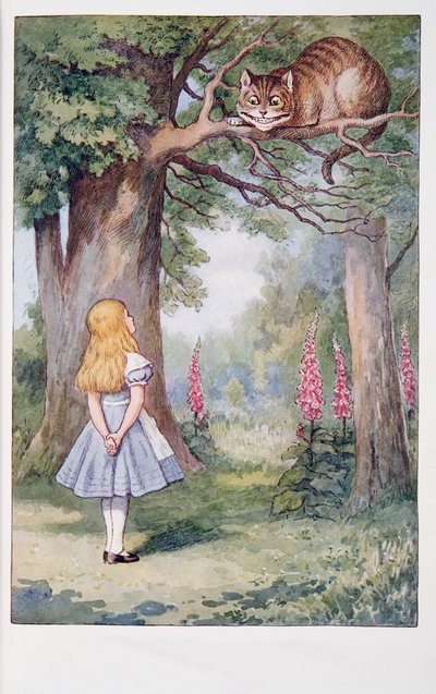 Alice und die Grinsekatze, Alice im Wunderland und Durch den Spiegel und was Alice dort fand, von Lewis Carroll (1832 - 98), veröffentlicht 1911 (farbige Lithographie) von John Tenniel