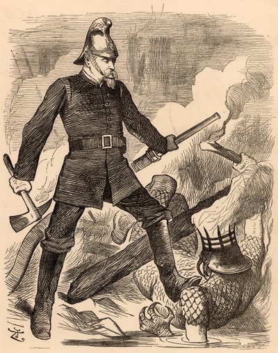 Eyre Massey Shaw bekämpft Feuer, aus "Punch" London, 20. August 1887 (Gravur) von John Tenniel