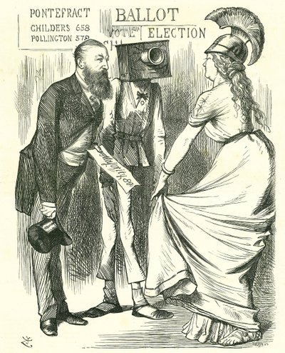 Hugh Childers (1827-1896) britischer Parlamentarier, berichtet Britannia vom Erfolg der neuen Wahlurne. John Tenniel Karikatur aus 